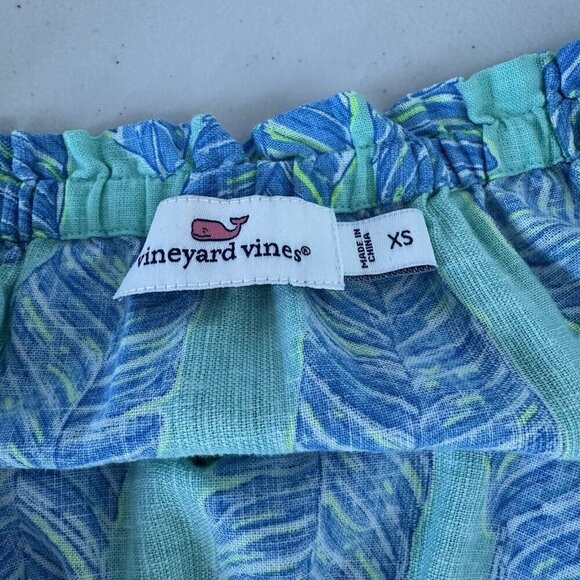 Vineyard Vines Off the Shoulder Dress Size XS Linen Blend Blue Green Palm Print - Picture 7 of 9